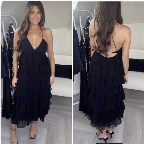 ZARA WOMAN STRAPPY RUFFLED MIDI LONG TIER DRESS BLACK  REF: 8777/830 S,M,L - Picture 3 of 12